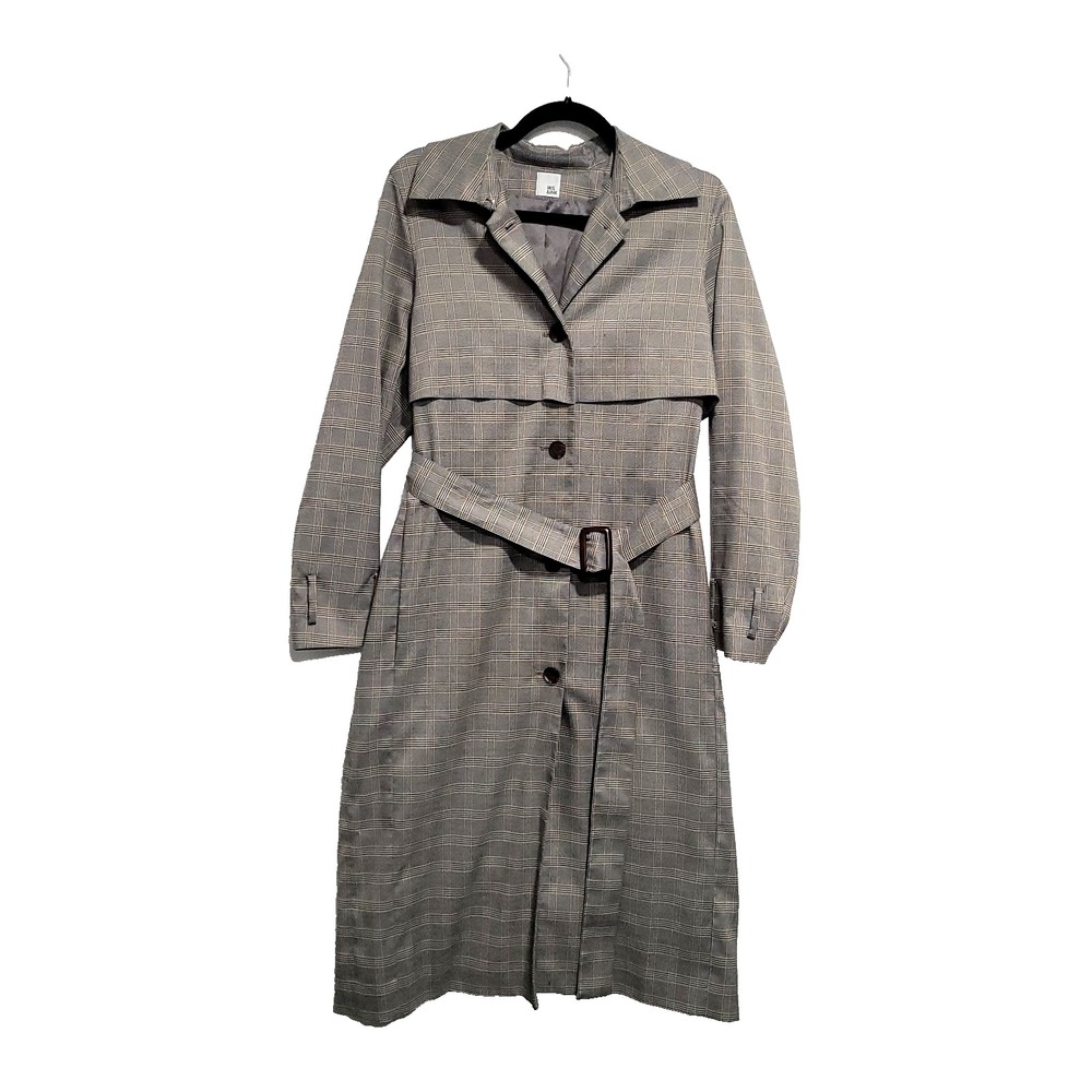 Iris & Ink houndstooth Plaid Trench Coat 6 Gray Midi preppy academia core